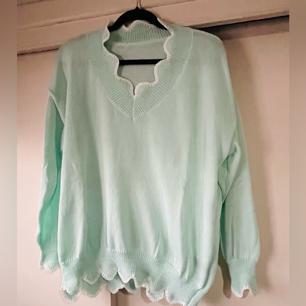 Mint Green Scalloped Hem Sweater
